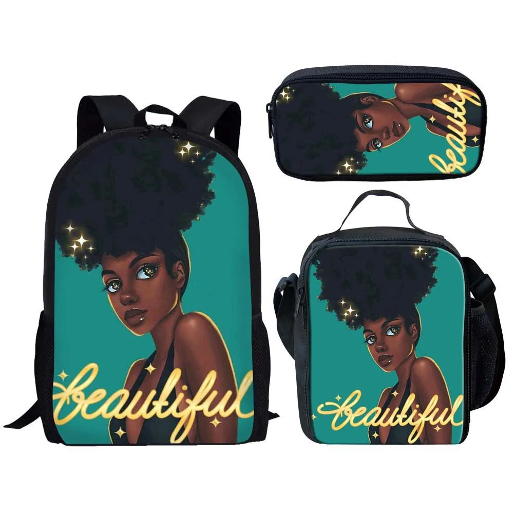 Popular Funny black African Girls 3D Printed 3pcs/Set pupil School Bags Laptop Daypack Backpack Lunch bag Pencil Case