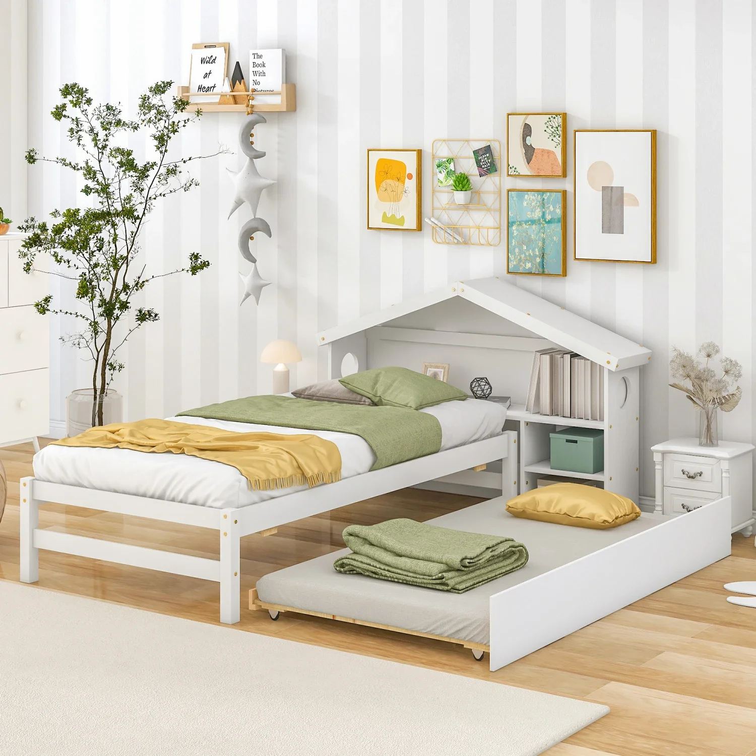 

White Twin Storage House Bed for Kids with Charming Bedside Table and Convenient Trundle makeup