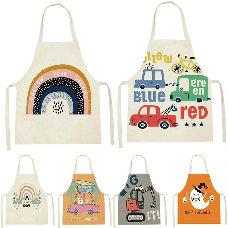 

Cartoon Style Cute Car Apron For Children Rainbow Printing Apron Cooking Aprons Bib Household Cleaning Accessories Pinafore Bibs