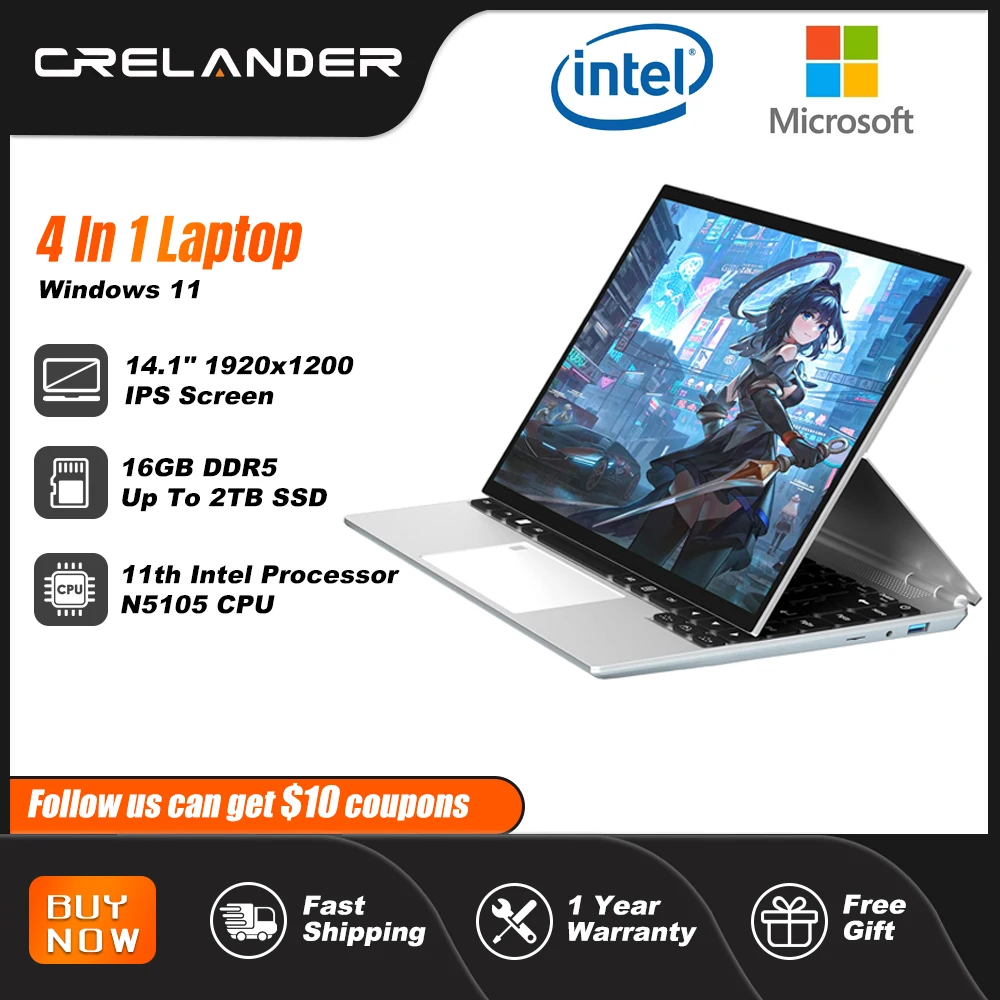 CRELANDER 4-in-1 노트북 14형 터치스크린 Celeron N5105 16GB Ram Windows 11 태블릿 학생 비즈니스 노트북 CRELANDER 4-in-1 노트북 14형 터치스크린 Celeron N5105 16GB Ram Windows 11 태블릿 학생 비즈니스 노트북