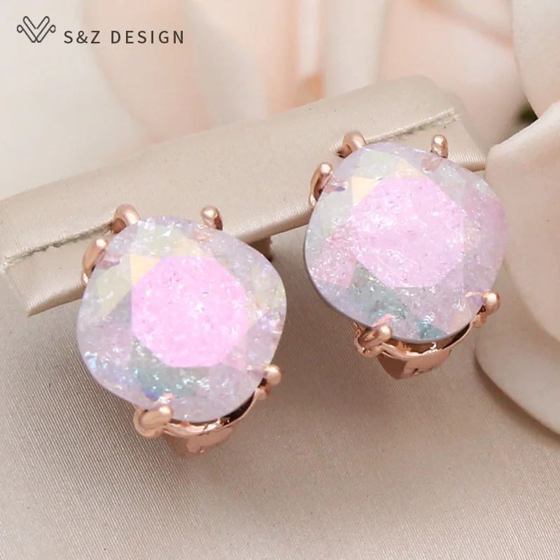 S&Z DESIGN New Fashion Square Ice Crack Crystal Dangle Earring For Women Wedding Stylish Jewelry 585 Rose Gold Color Eardrop