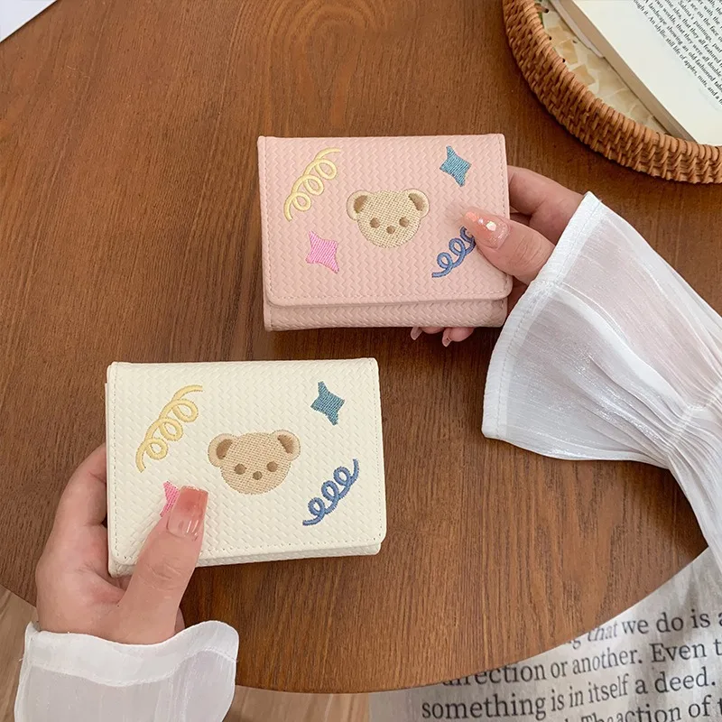 Portable Cartoon Women Short Wallet Bear Embroidery Three Fold Wallet Card Holder Multi-Card Slot Pu Leather Coin Purse  Student