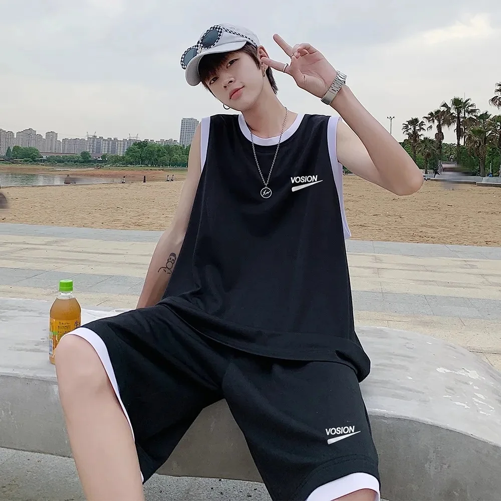 

Баскетбольная форма, спортивный костюм для мужчин, лето 2023, в стиле преппи, трендовая свободная уличная одежда в Корейском стиле, универсальная футболка из двух предметов