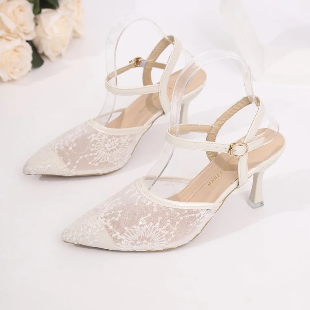 2025 Summer Women Sexy Mesh Lace Slim Sandals Black White Hollow Ankle Buckle High Heels Party Shoes Dress Pointed Female Pumps