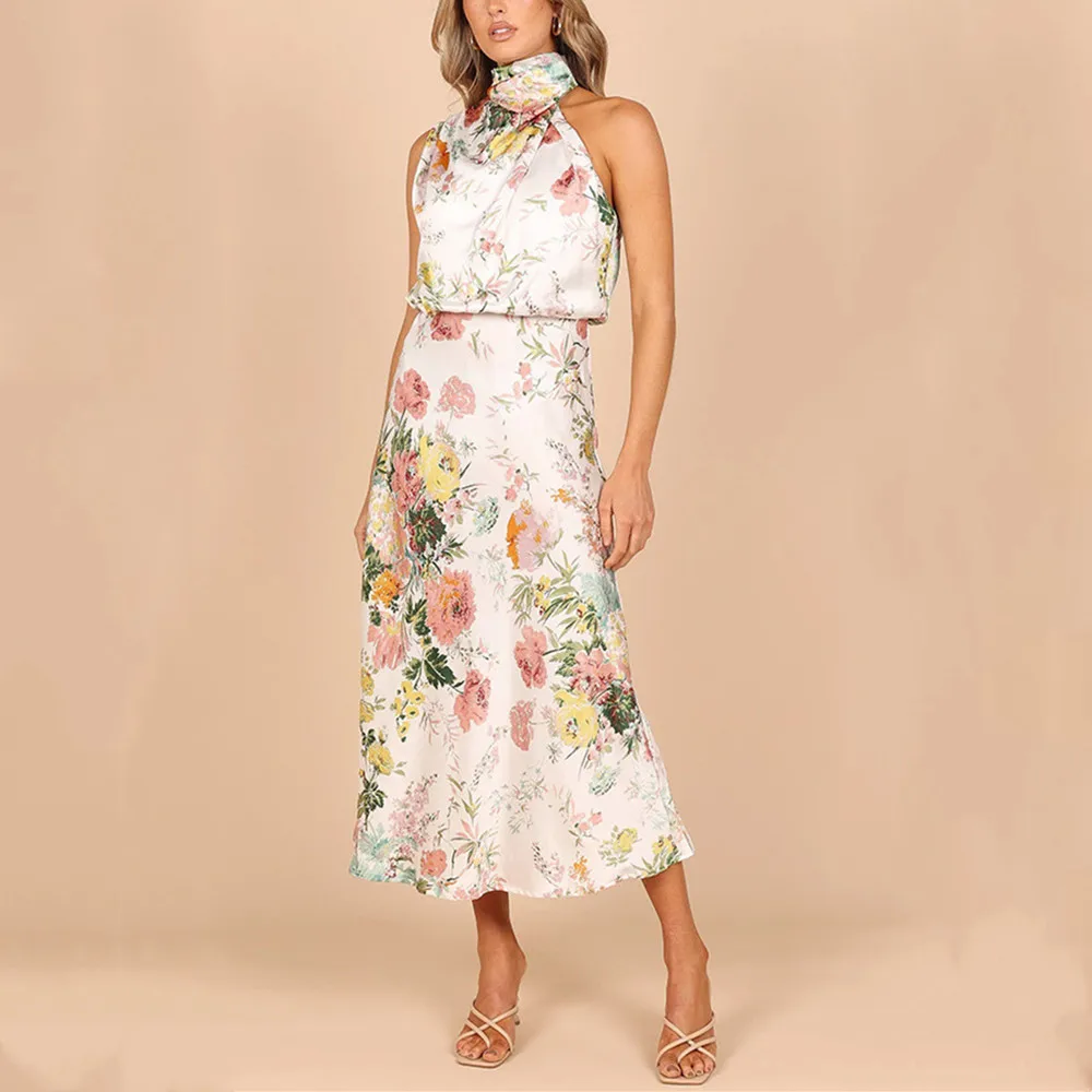 

Satin Halter Sweet Summer Mini Dress Sexy Sleeveless Floral Print Elegant Vintage Party Slim Dresses Female Birthday Vestidos