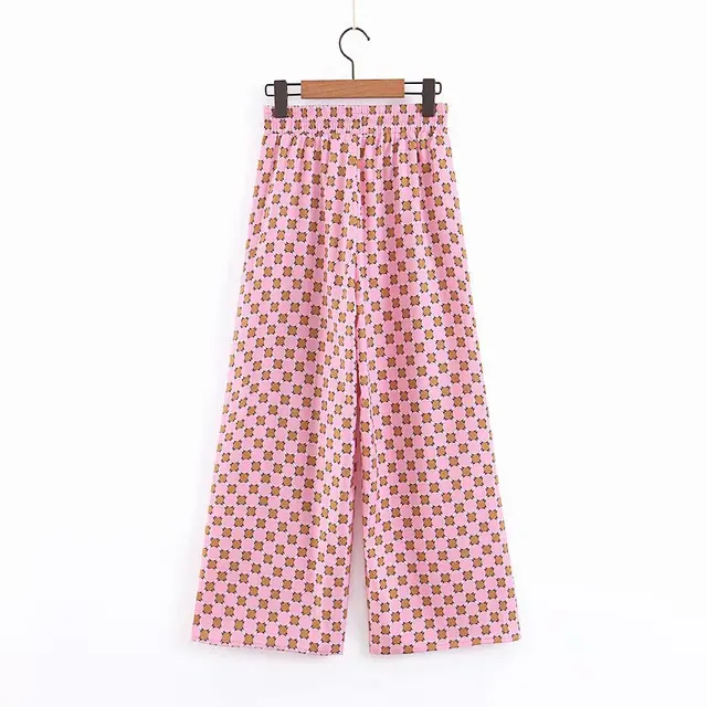 Women's Suits Sunc Spring LOOSE Blue Printed Kimono Jacket with Feather Sleeves Wide Leg Pants Two-piece Viintage Clothing Suits Pink-pants