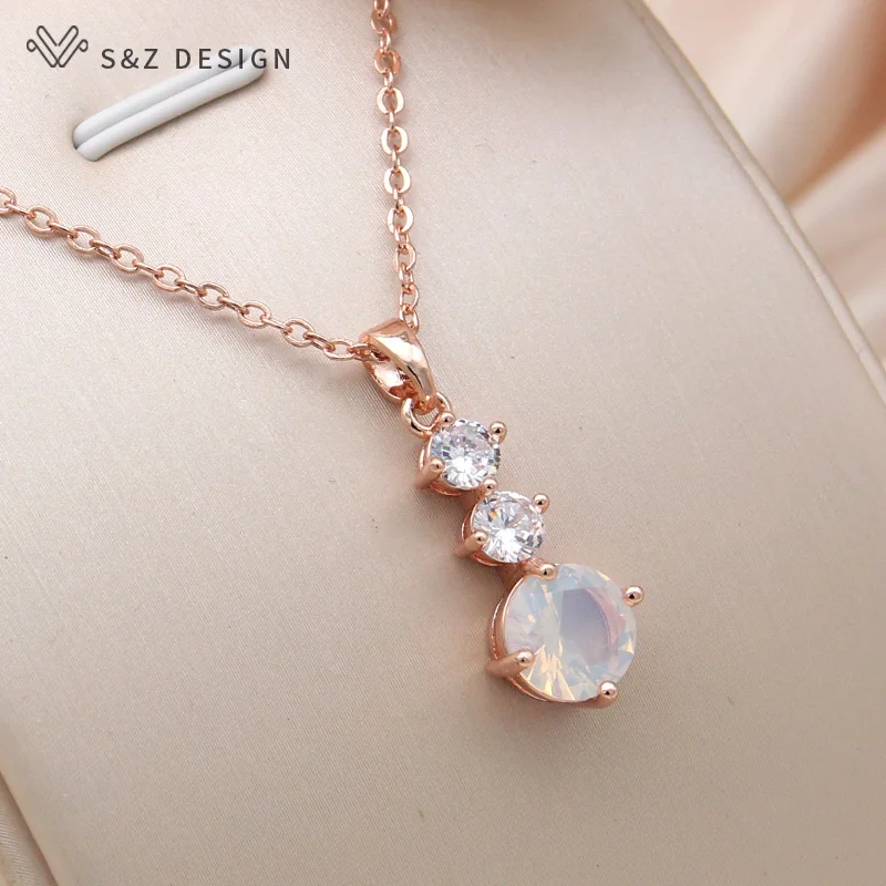 S&Z DESIGN New Fashion 585 Rose Gold Color Round Cubic Zirconia Pendant Necklace For Women Party Collarbone Chain Jewelry
