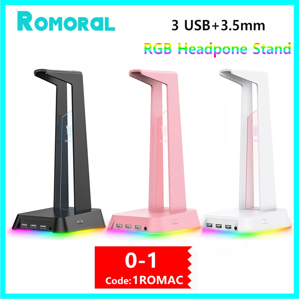 

RGB Headset Stand with 3.5mm AUX 3 USB Ports Dock Station Phone Charging Card Reader Headphone Holder Bracket for PC Gaming