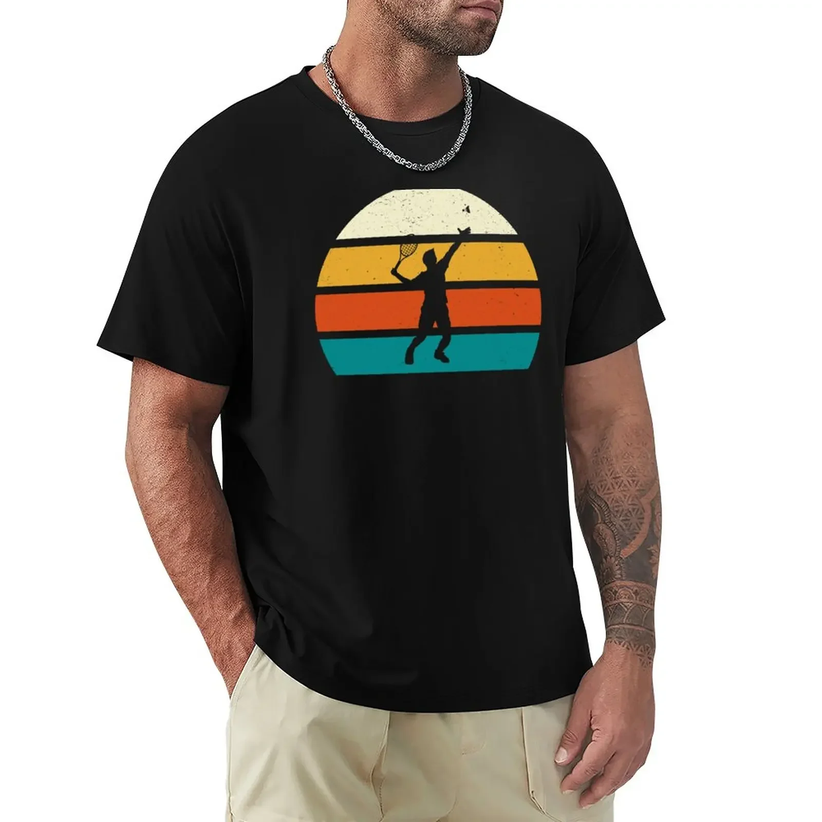 

Retro sunset vintage badminton T-Shirt funnys plain plus size tops summer clothes t shirts for men graphic