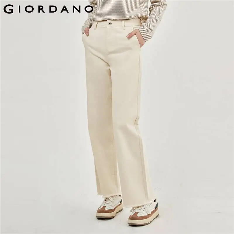 

GIORDANO Women Pants 100% Cotton Frayed Edge Fashion Denim Pants Solid Color Ankle Length Simple Casual Denim Pants 05423675