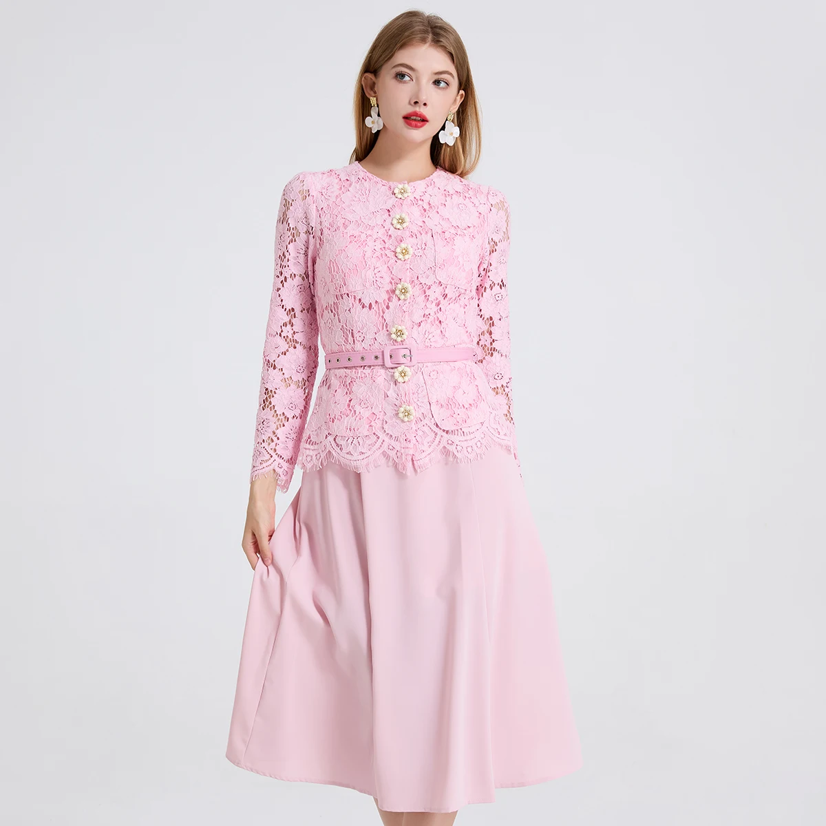 Summer Runway Flower Embroidery Evening Prom Pink Lace Patchwork Dress  Women Long Sleeve Beaded Buttons Holiday Midi Vestidos - AliExpress  200000345