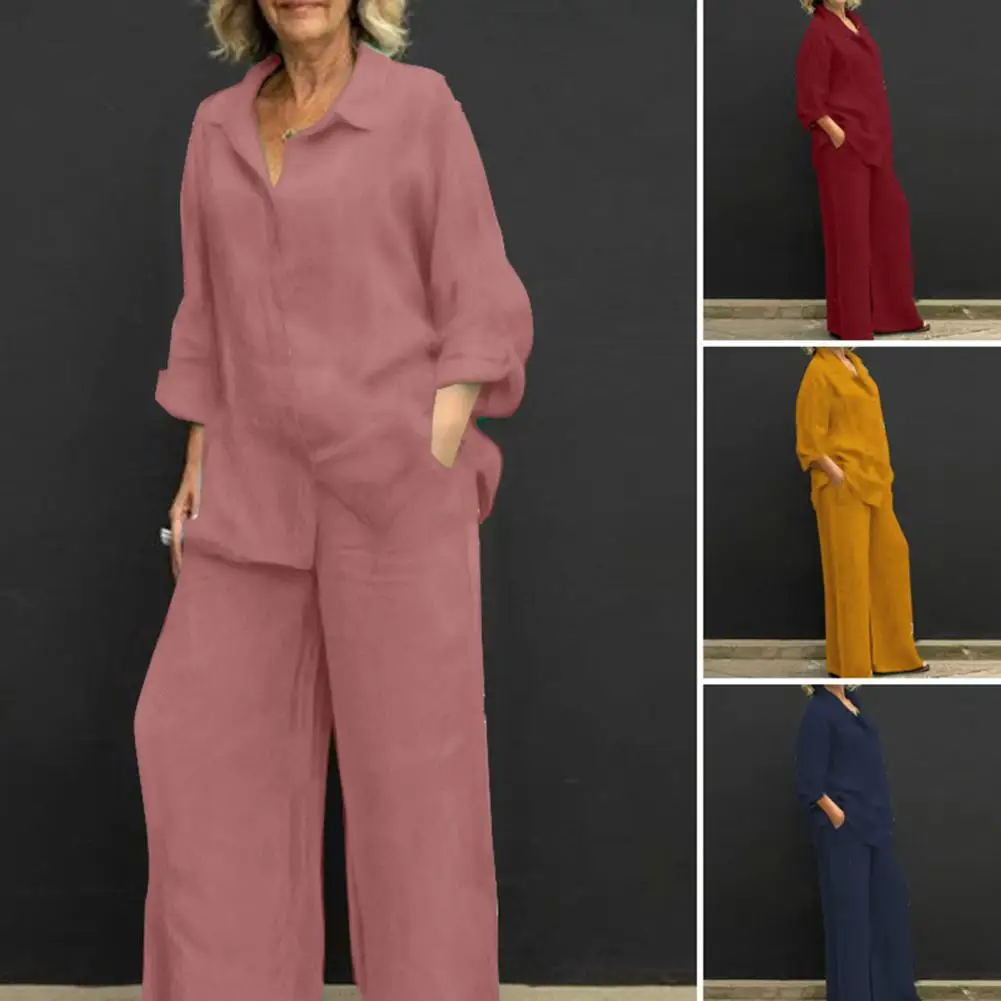 

Single Breasted Suit for Women Stylish Women's Cotton Linen Suit Elegant Long Sleeve Shirt Wide Leg for Spring/autumn Women