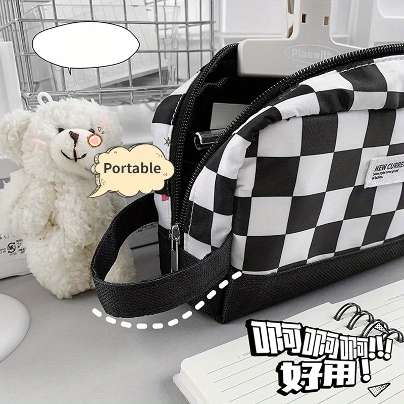 1Pcs 클래식 바둑판 펜 가방 대용량 학생 검사기 보관 가방 휴대용 다기능 편지지 보관 가방