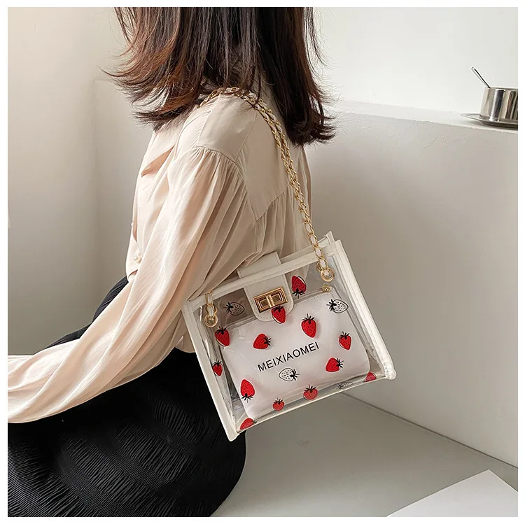 Borsa trasparente alla moda per donna Borsa a tracolla da donna da viaggio trasparente in PVC con borsa Borsa tote ecologica fragola di grande capacità_voghion.com