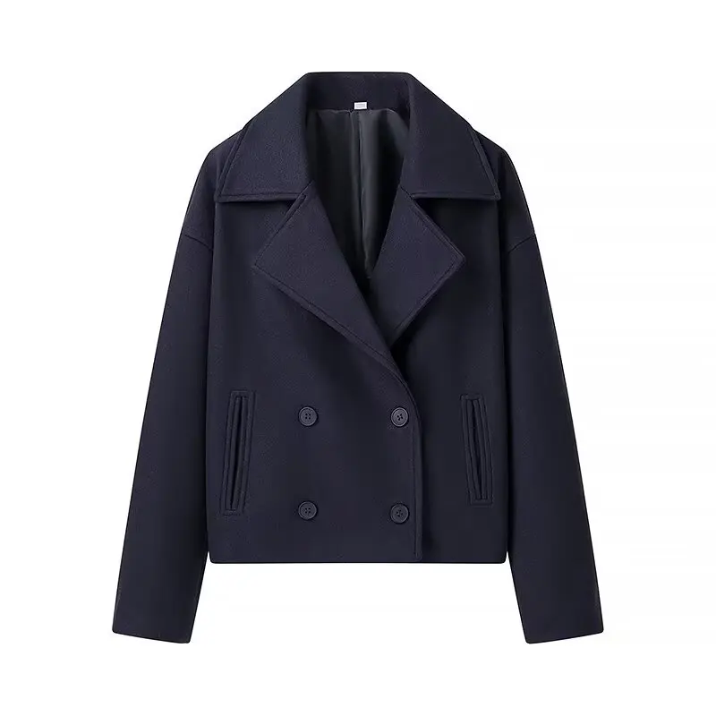 Autumn Winter Women Blazer Woolen Coats Casual Double Breasted Turn-Down Collar Female Short Jackets Lady Loose Outcoat Streetwe
