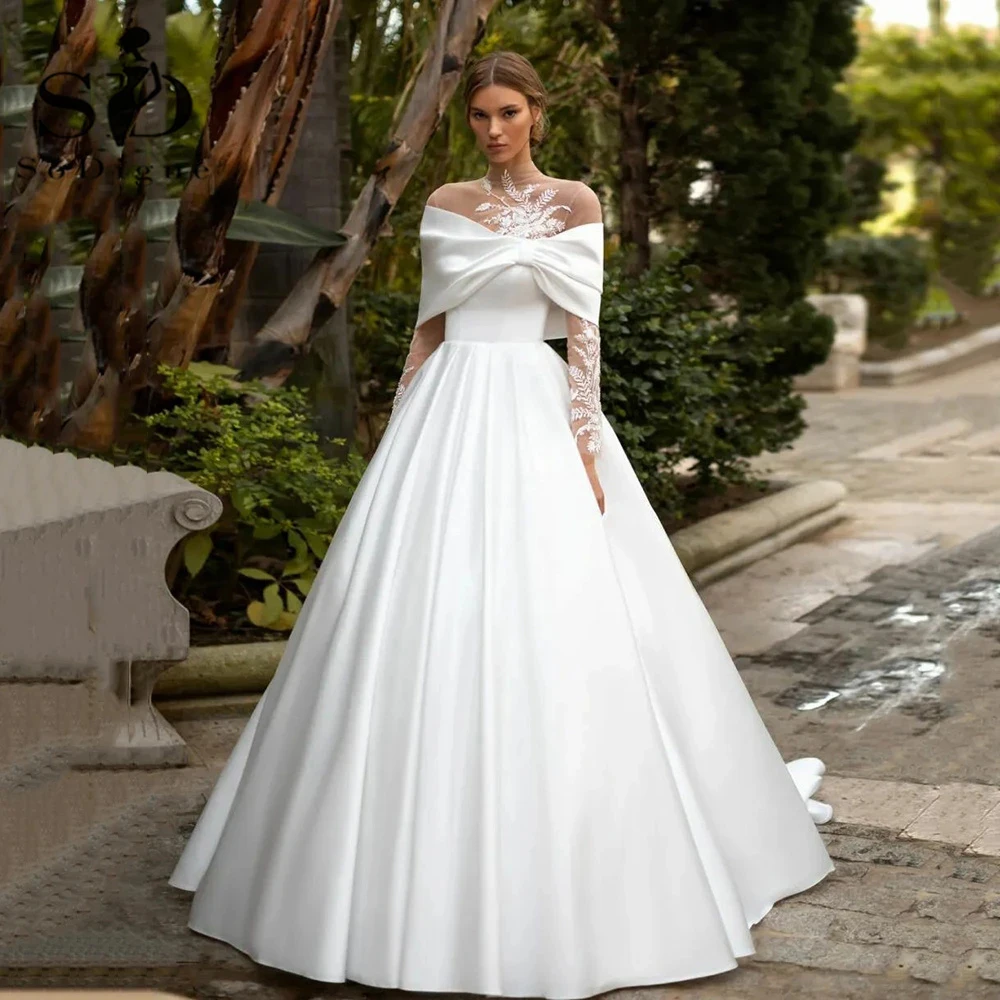 

Elegant Dubai Wedding Dresses High Neck Long Sleeves Lace Appliques A Line Satin Bride Gowns Robe De Mariée Vestidos Novia 2023