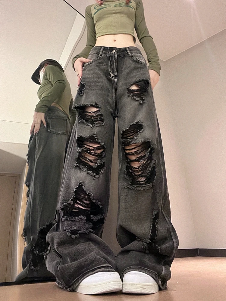 

Woman Tie-dyed Cargo Pants Gradient Color Trousers Low Waist Jeans Denim Pants Oversize Bell Bottoms Pockets Ripped Hole