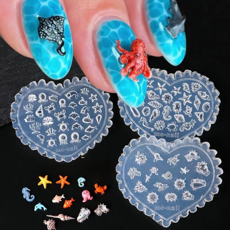 네일 아트 조각 템플릿 DIY 액세서리 바다 조개 불가사리 물고기 꼬리 3D 실리콘 네일 몰드 해파리 조개 투명 몰드