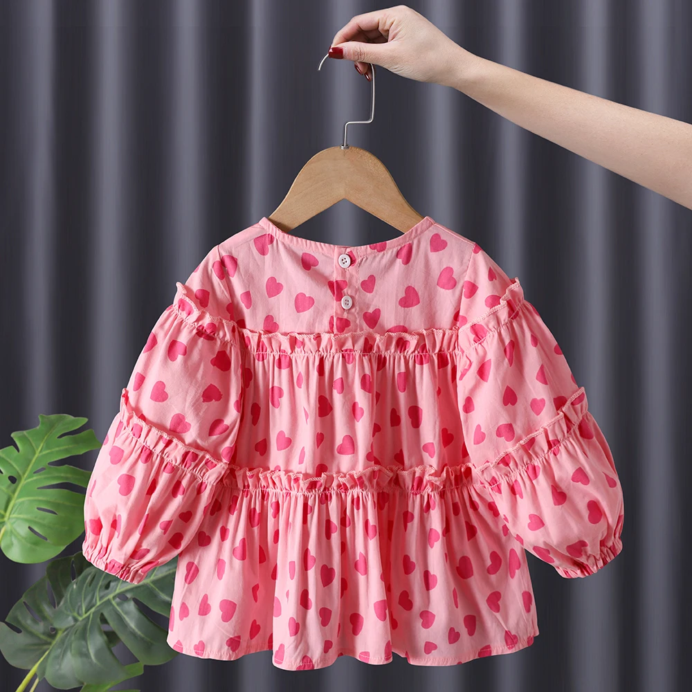 Baby Girls Shirt Long Sleeve Round Collar Love Heart Print Blouse Korean Style Loose Casual Dot Tops