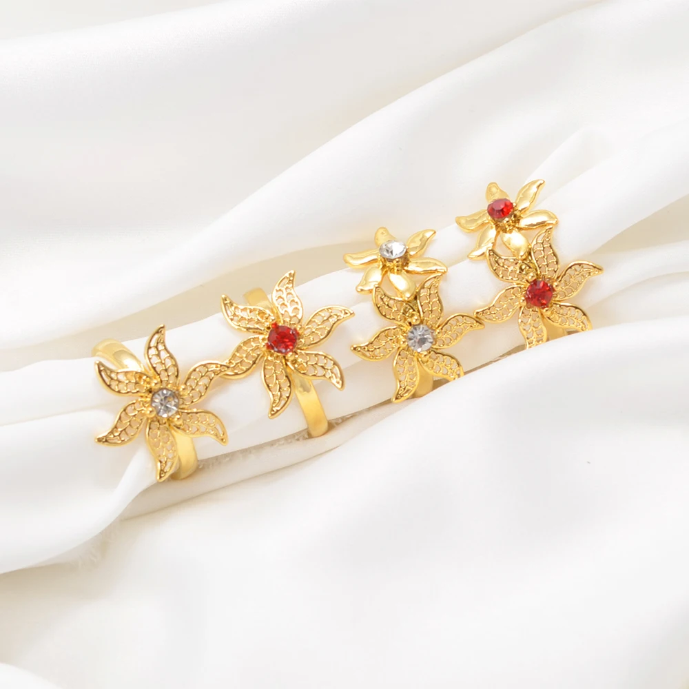 Anniyo African Flowers Rings With Red and Clear Rhinestone for Women Girls Gold Plated Mayotte Jewelry #345306 3
