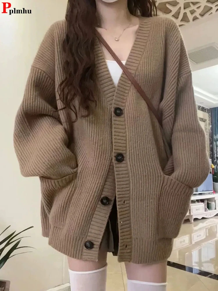

Korean Loose Knitwears Cardigan V-neck Soft Knitted Coat Single Breasted Solid Color Long Sleeve Malhas Jackets Women Top Casaco