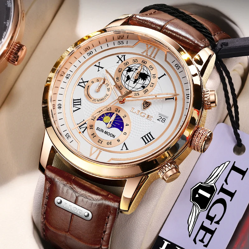 

LIGE Men's Watches Quartz Waterproof Chronograph Luxury Fashion Male Clock Moon Phase Date Casual Leather Analog Wrist Watch Men