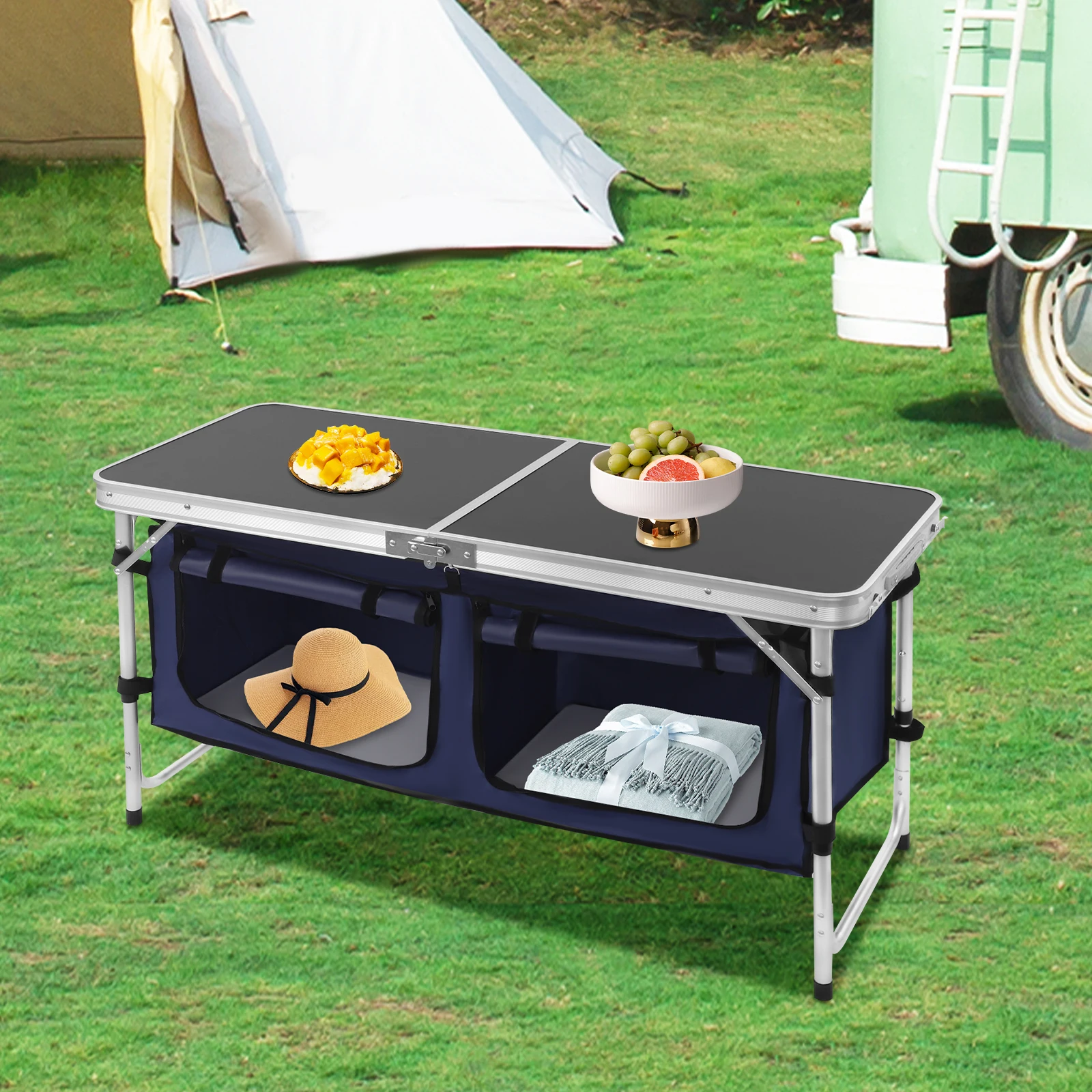 Klappbarer/tragbarer Campingtisch, Outdoor-Tisch mit verstellbaren Beinen, feuchtigkeitsbeständige Möbel für Camping-Setup/Strandausflüge – Detail 6
