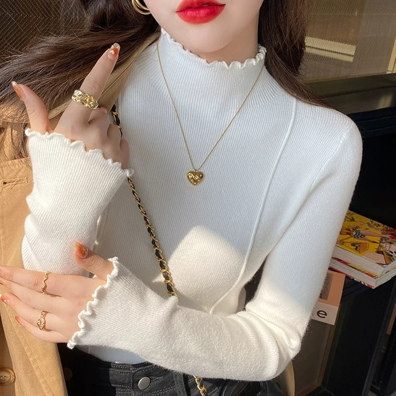 

2023 Fashion Bottoming Tops Women Autumn Winter Edible Fungus Half High Collar Sweater Solid Long Sleeve Pullovers Clothes 29138