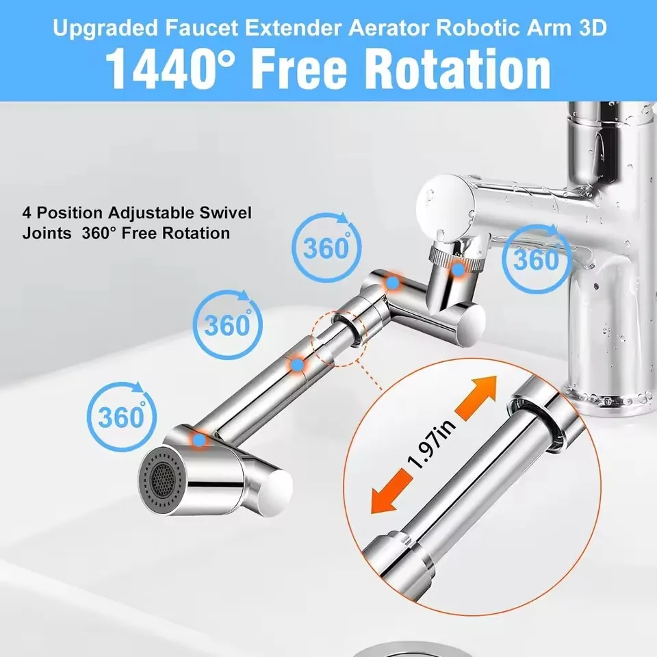New Metal 1440 °Retractable Universal Robotic Arm Swivel Extension Faucet Aerator Kitchen Sink Faucet Extender 2 Water Flow Mode 4