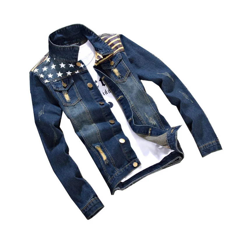 

Male Outerwear Coats Men Brand Clothing Men's Denim Jackets Fashion Pocket Star & Striped Slim Fit Jean Jacket