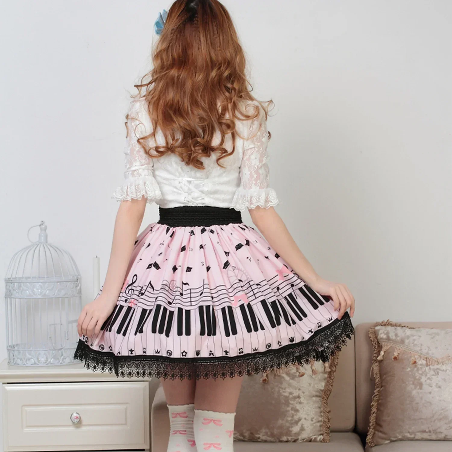 Kawaii Sweet Girl Pink Polyester Lace Piano Keybord Printed Lolita Skirt