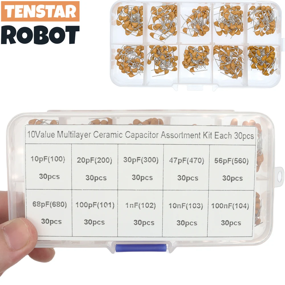 Multilayer Capacitor 300pcs 10value 50v 10pf-100nf Multilayer Ceramic Capacitor Assortment Kit