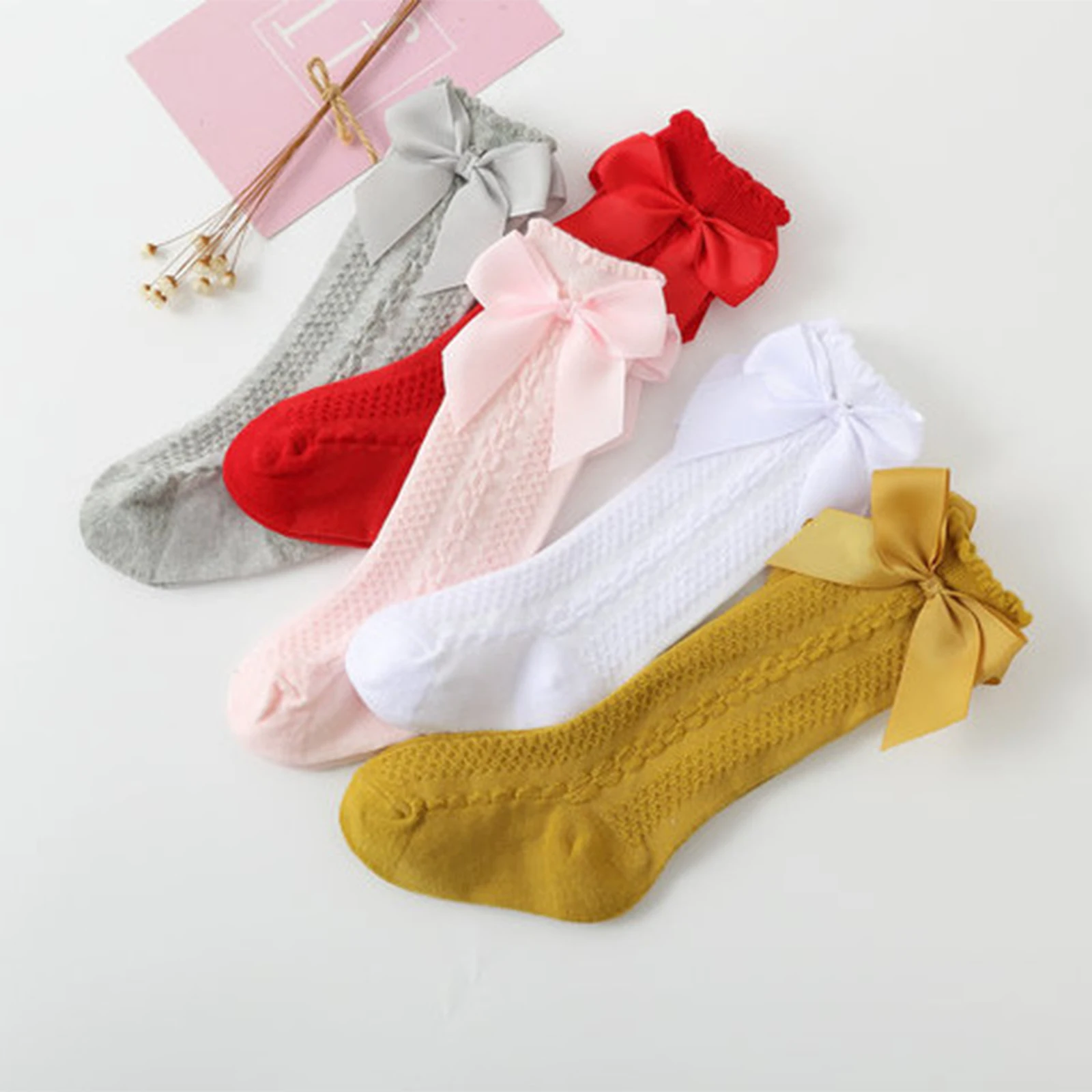 

BeQeuewll Toddler Baby Girls Long Socks Solid Color Cute Bowknot Princess Mesh Socks Infant Spring Summer Casual Stockings