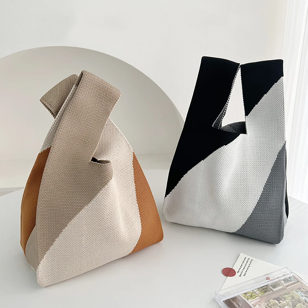 

Handmade Knit Handbag Women Mini Knot Wrist-bag Female Casual Color Wide Stripe Plaid Tote Bag Student Reusable Shopping Bag