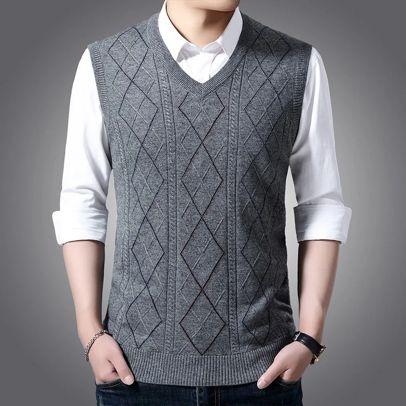 2023 Autumn and Winter Men's Sweater Vest Business Casual V-neck Warm Knit Pullover Sleeveless Sweater Tank Top Sweaters for Men