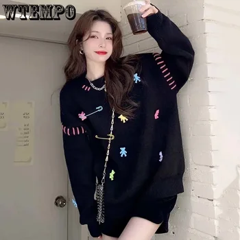여성용 자수 스위트 스웨터, 루즈 소프트 니트 풀오버, 긴팔 상의, 풀 점퍼, 프레피 스타일, 한국 패션, 가을 겨울