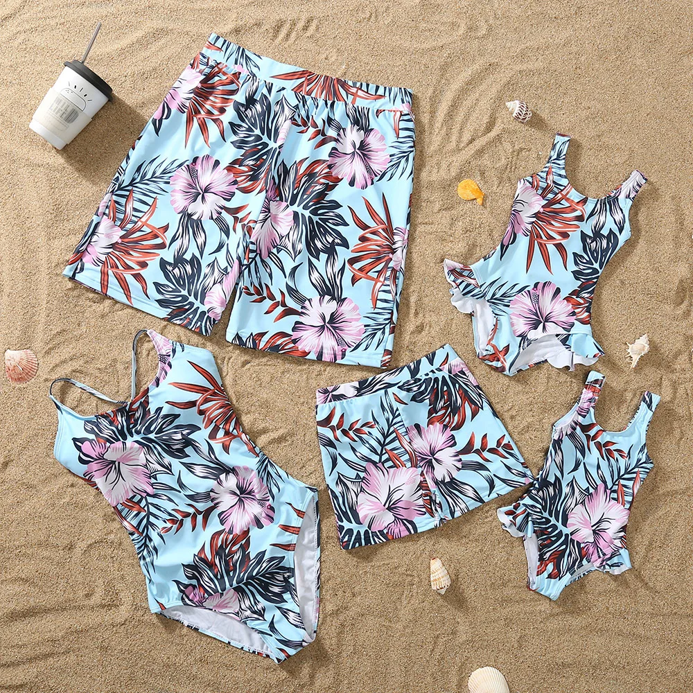 

New Family Matching Tropical Plant Print Suspender One-Piece Swimsuit And Swim Trunks Summer Beach Holiday Swimwear