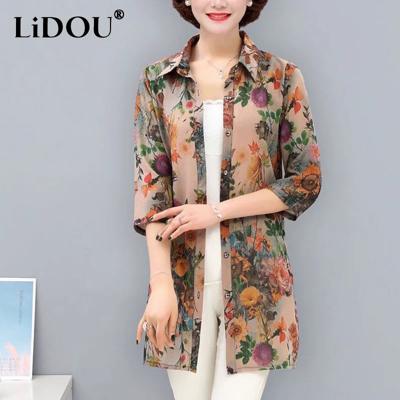 2023 Summer New Fashion Elegant Floral Printing Cardigan Women POLO Collar Single Breasted Shirt Ladies Three Quarter Casual Top geeetech multi color mix 3d printing 3 in 1 out triple extruder 3d color printer large three colors