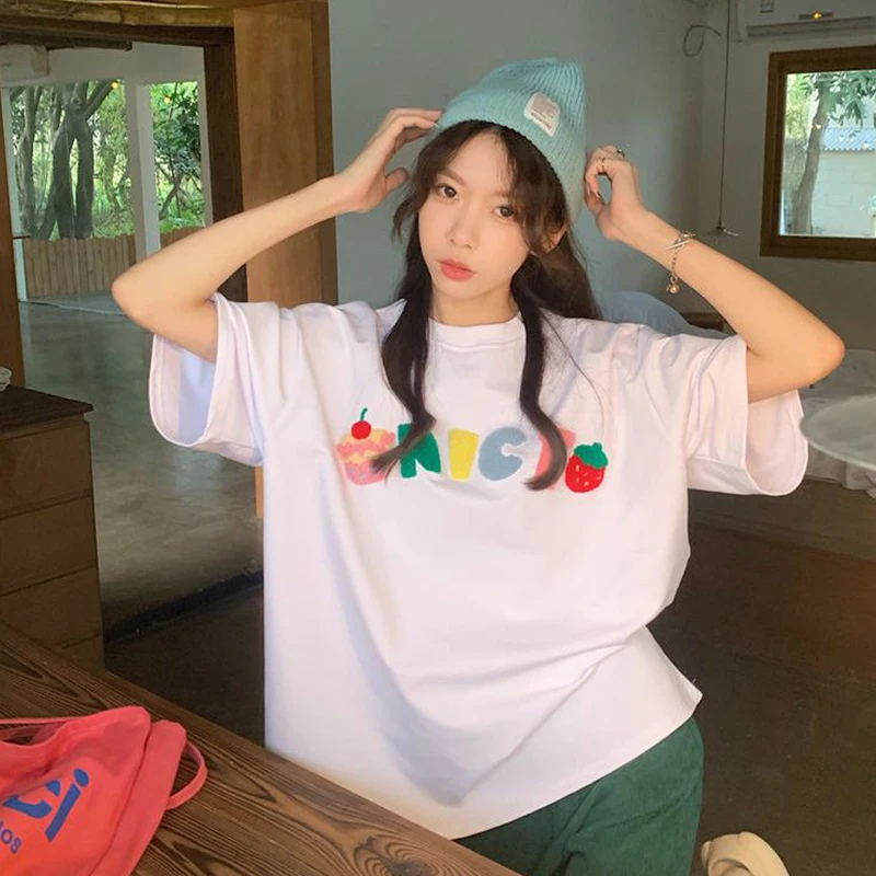 여성용 산뜻한 자수 루즈핏 O넥 얇은 반팔 비치 티 셔츠, 한국 레터 화이트 탑 티, 여름