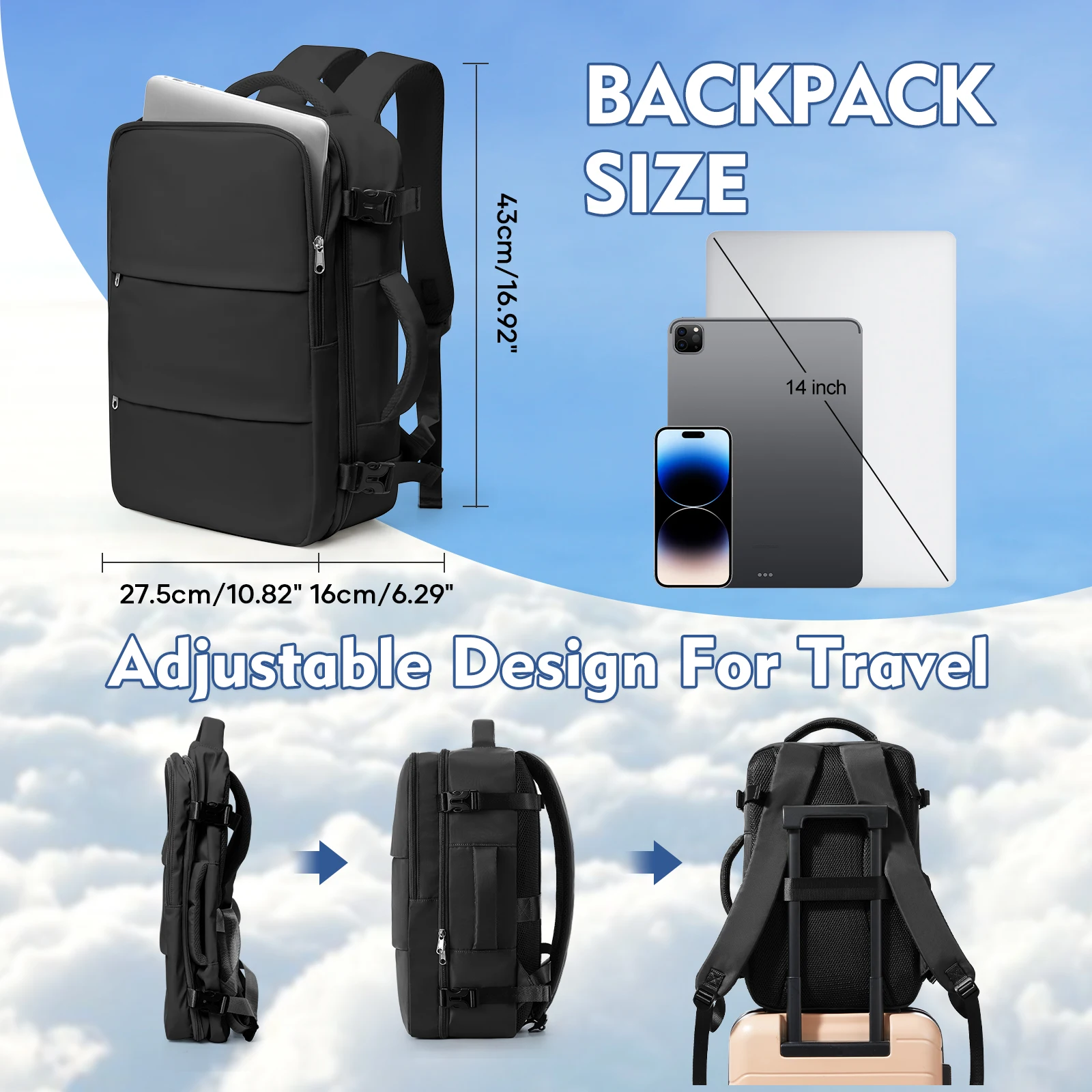 Large Capacity Travel Backpack Underseat Cabin Bags Carry-On Airplane Backpack, Work Bussiness Laptop Backpack Casual School Bag