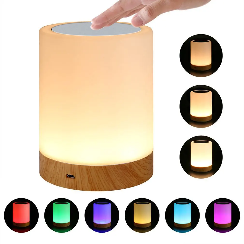 

Dimmable LED Night Light Seven Color Creative Wood Grain Rechargeable Bedside Table Light Atmosphere Light Touch Pat Lights