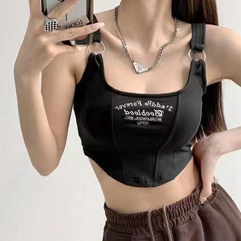 여아용 짧은 탑 가슴 패드 일체형 매달린 탱크 탑 티셔츠, 타이트한 가슴 아래 속옷, Y2k 의류, 여름