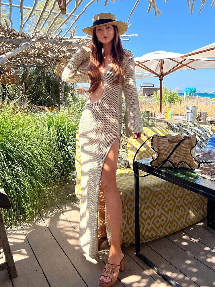 Solid Colour Beach Maxi Dress 2026 Women Summer Sexy Knit Flared Long Sleeve Slit Cut Out Swimsuit Cover Up Holiday Outfits K120 3