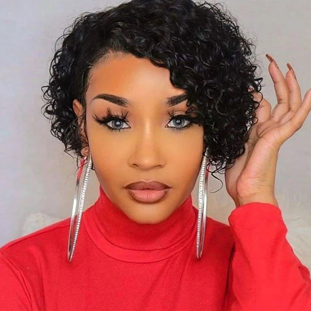 Human Hair Wigs Curly Wave Side Part Wig Short Bob Pixie Cut Brazilian Remy Human Hair Deep Curly None Lace Front Wigs for Women