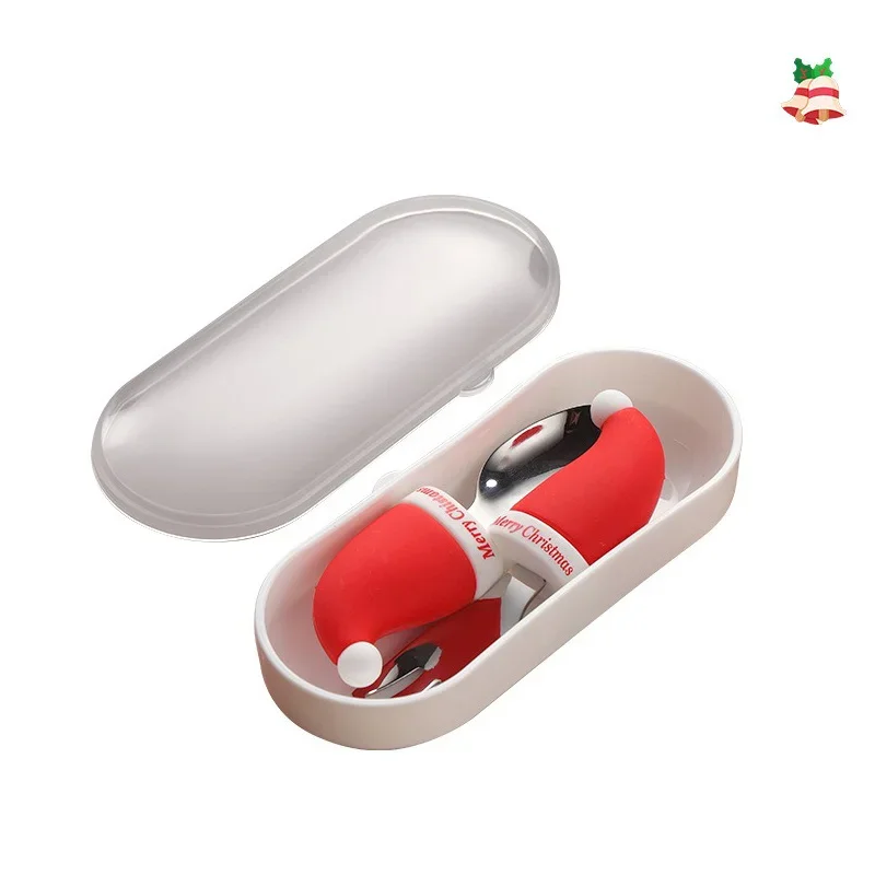 304 Christmas Gift Children's Stainless Steel Tableware Set Children's Silicone Handle Christmas Hat Short Handle Fork Spoon Bab