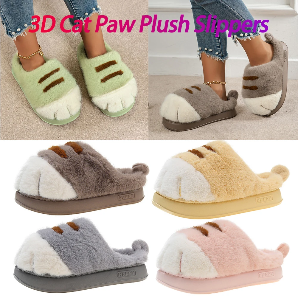3D Cat Paw Plush Slippers Warm Slip-on House Shoes Anti Slip Fluffy Home Slippers Furry Paw Couple Slippers for Autumn Winter