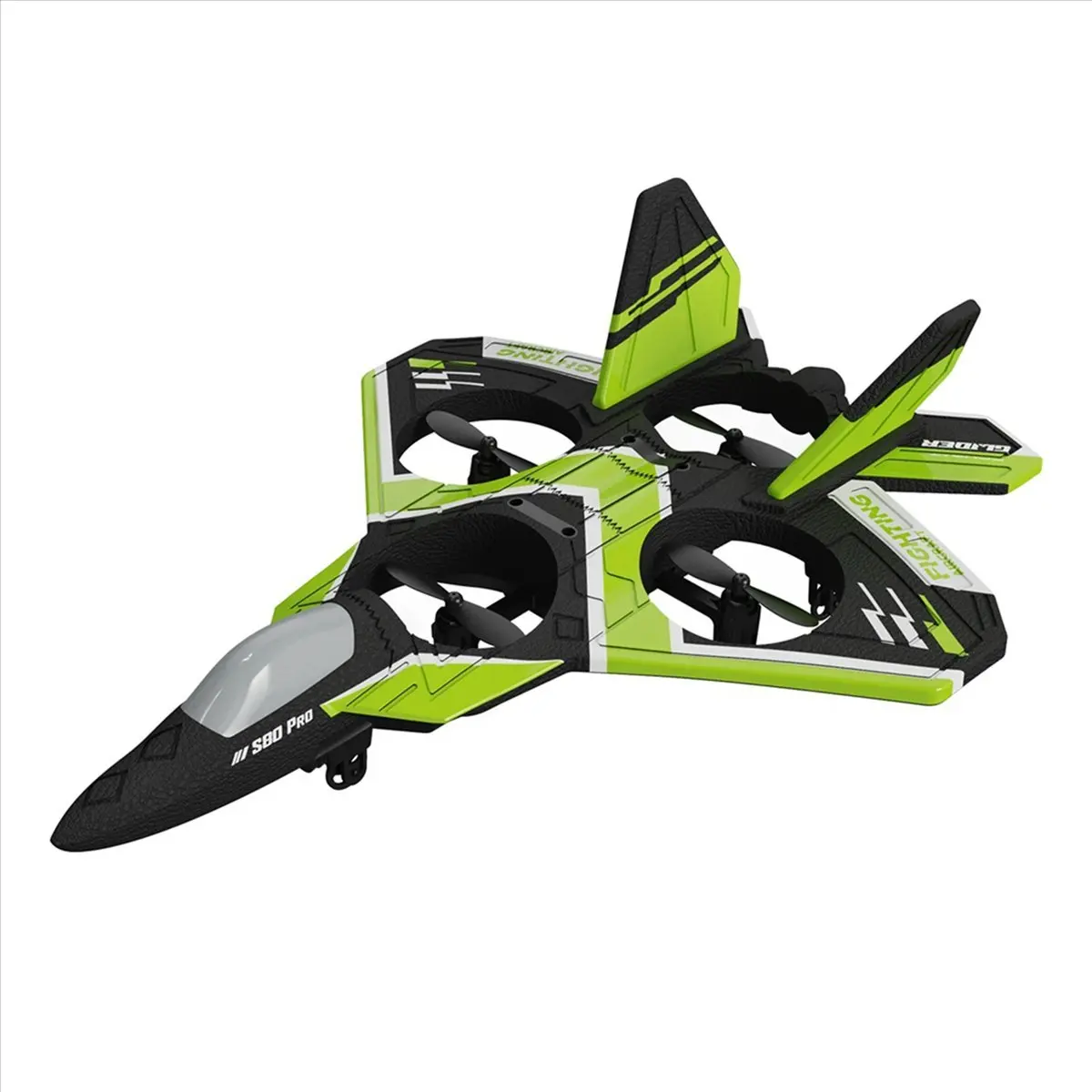 Drone télécommandé S80 avion voilure fixe mousse EPP vert en vol dans un ciel bleu avec des nuages