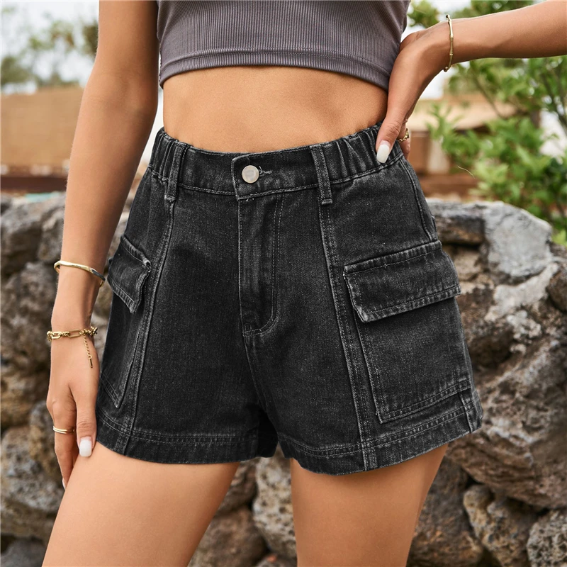 Women American Retro Sexy Streetwear Solid Denim Shorts Summer Trendy Female Elastic Waist Casual Straight Pockets Short Pants