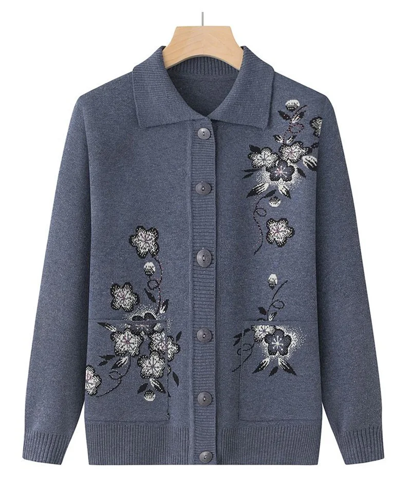 Spring Autumn Long-Sleeve Sweater Women Cardigan Coat New Print Middle-Aged Elderly Knitted Bottoming Shirt Female Tops Jacket