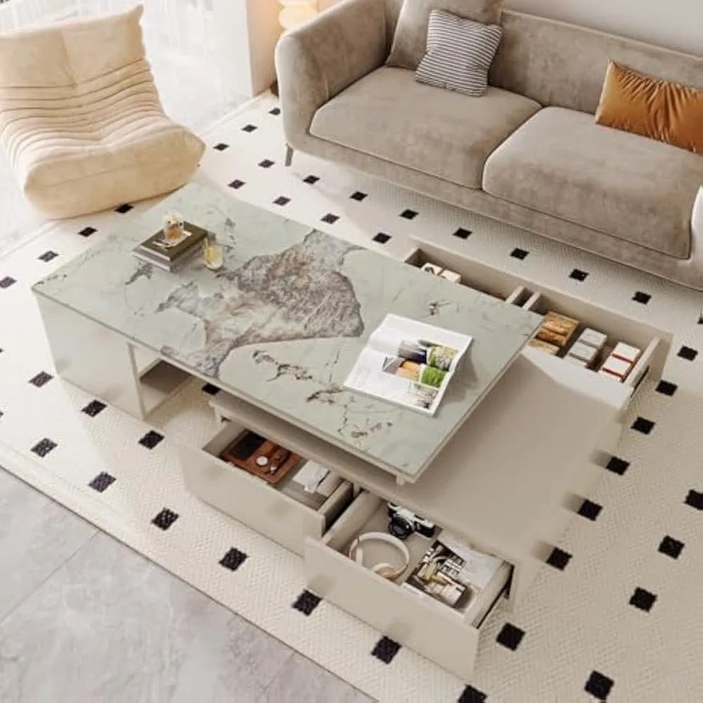 Extendable Tabletop Coffee Table with 4 Drawers & Storage Shelf, Modern from  to  Center Table for Living Room 5